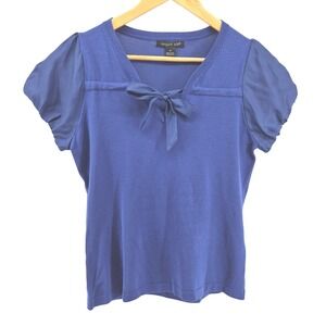 August Silk Women's Blue V Neck Bow Accent Short Sleeve Knit Top Size M Travel